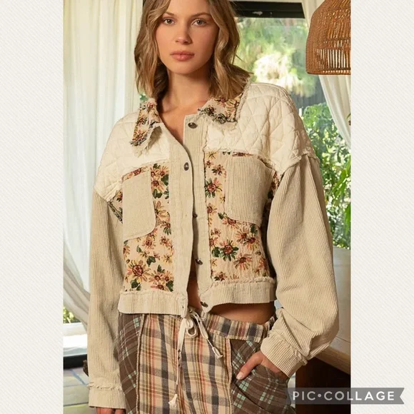 NWT POL Contrast Quilt Panel Corduroy Jacquard Jacket in Beige (Price Firm) - Picture 2 of 10